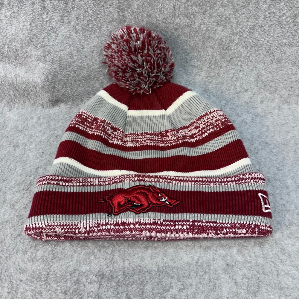 Arkansas Razorbacks Unisex Red New Era Beanie Striped Pom Knit Hat OSFA